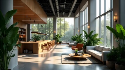 Exquisitely designed ultramodern open-plan office with sustainable eco-friendly elements and indoor vegetation that harmonize futuristic aesthetics with ambient illumination