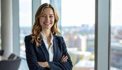 Confident business leader in a suit standing in a modern office, arms crossed, smiling, with large windows and a blurred cityscape in the background