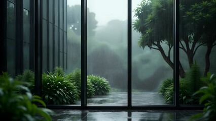 Cinematic Cybernetic Window Facade Merging Modern Technology with Nature Amid a Soft Cascading Rain in an Urban Frame