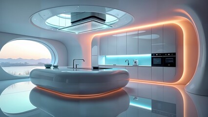 Futuristic Elegant Kitchen with Ethereal Organic Architecture, Integrated Smart Technology, and Vibrant Holographic Accents Merging Advanced Digital Interfaces with Classic Luxury