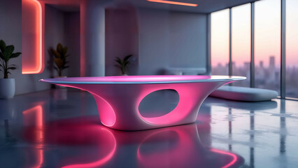 Creative Render of a Futuristic Dining Table with Abstract Curves, Neon Glow, and Advanced Modern Design Elements in a Spacious Setting