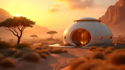 Hyper-Realistic Futuristic African Landscape Integrating Biotechnological Enhancements with Eco-Buildings and Luminous Desert Vistas