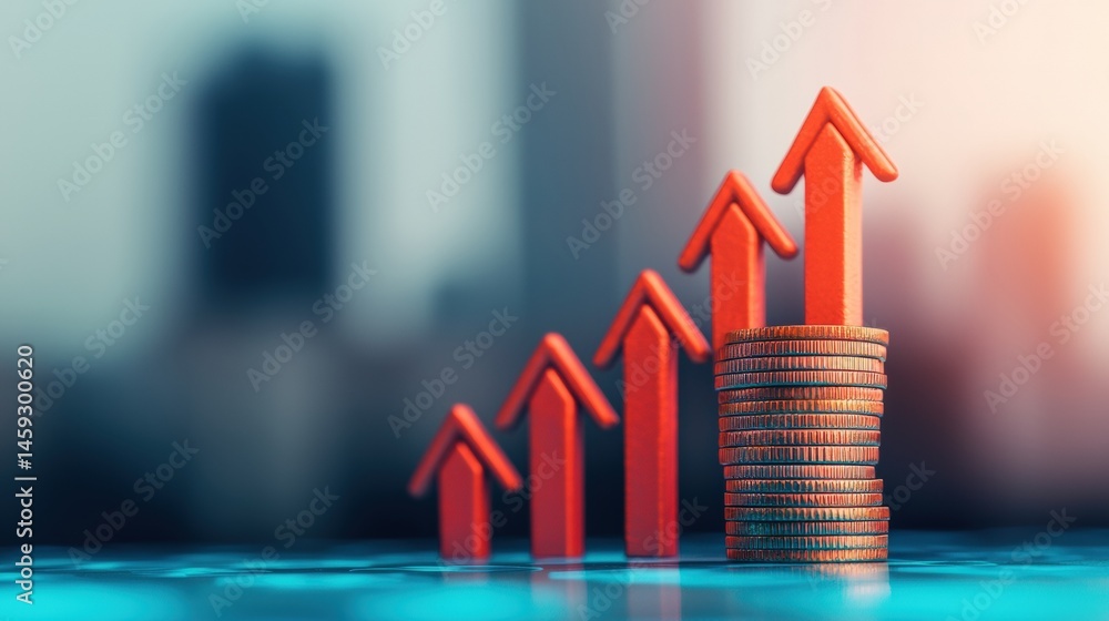 Poster stack of coins with rising arrows representing increasing interest rates