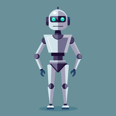 Fototapeta premium A friendly robot stands against a bright blue background, showcasing its metallic features and cheerful expression.