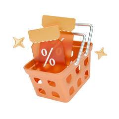 Shopping basket 3d icon with coupons.