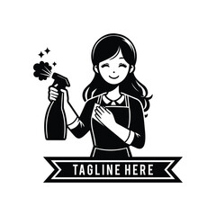 maid or cleaning service logo vector,black and white illustration of a woman wearing an apron holding a cleaning spray. suitable for housemaid job vacancy banners