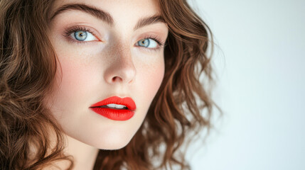 Fototapeta premium Makeup artist applying powder on a woman's cheekbones in a clean setting with white background