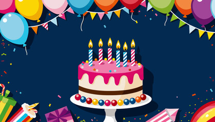 Colorful Birthday Party Illustration with Cake Balloons and Decorations Happy Birthday Celebration Image for Kids and Adults Birthday Card Design Idea Birthday Party Background