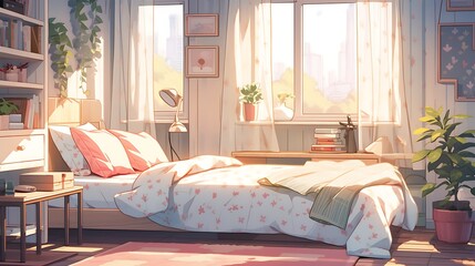 cozy bedroom with bed, bookshelf and window view, colorful anime style