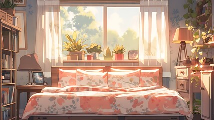 cozy bedroom with bed, bookshelf and window view, colorful anime style