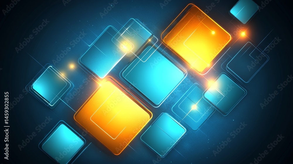 Poster dynamic digitally rendered abstract background with glowing interconnected blue and orange rectangle