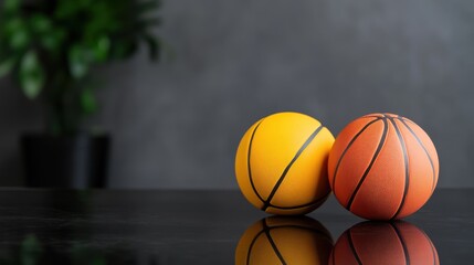 Fototapeta premium Clean product shot of two basketballs with vibrant color and fine texture, black mirror floor