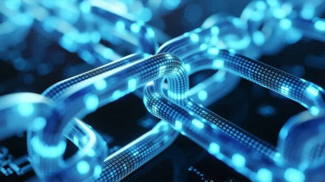 Futuristic digital chain link glowing in blue, symbolizing connectivity and advanced technology.