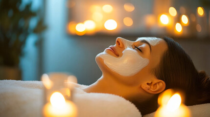 Relaxing face mask treatment at a modern beauty salon with soothing candles and ambient lighting