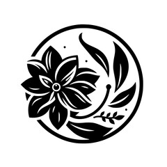 Black and White Floral Emblem, Circle Design, Minimalist Style