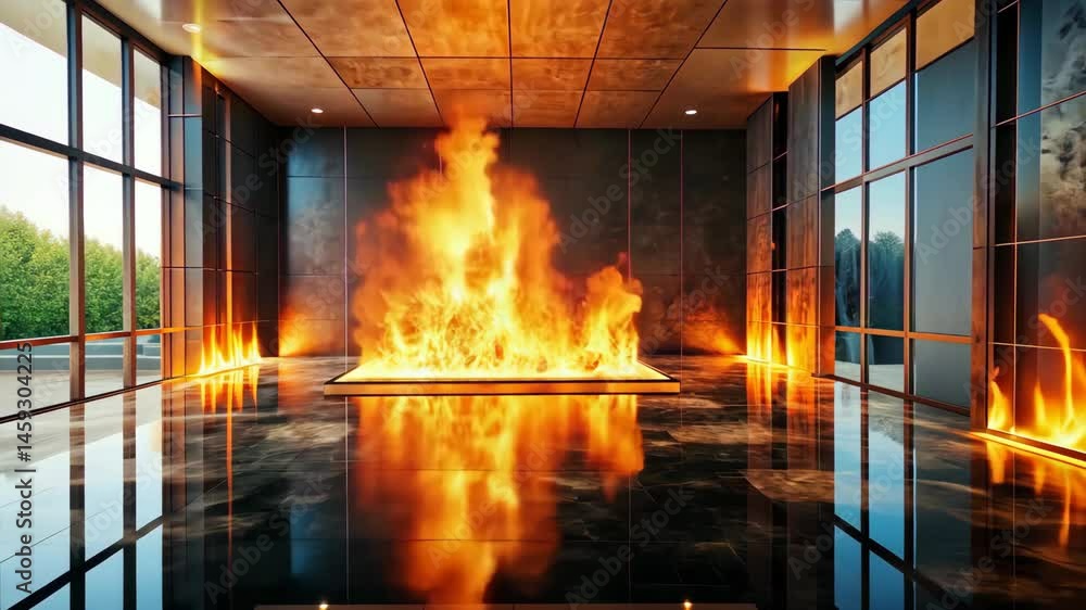 Poster fireplace in a modern room with large windows and a polished floor