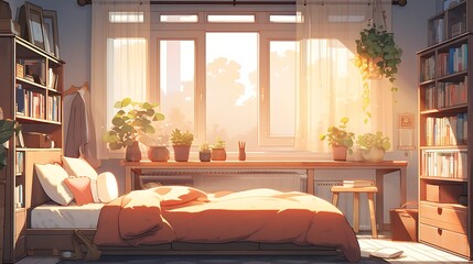 cozy bedroom with bed, bookshelf and window view, colorful anime style