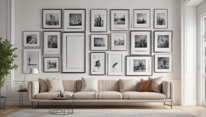 Stylish gallery wall mockup, diverse frame styles & sizes on white wall ,  clean,  surface