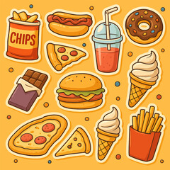 Assorted Cartoon Fast Food Stickers Including Burger, Pizza and Ice Cream