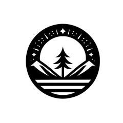Minimalist Mountain Landscape Logo: Night Sky, Pines, and Geometric Design