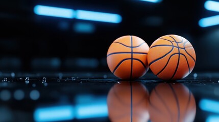Detailed texture of two vibrant basketballs glowing against black background, mirrored floor reflection