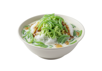 Refreshing cendol dessert with green jellies and shaved ice in a white bowl on a black background