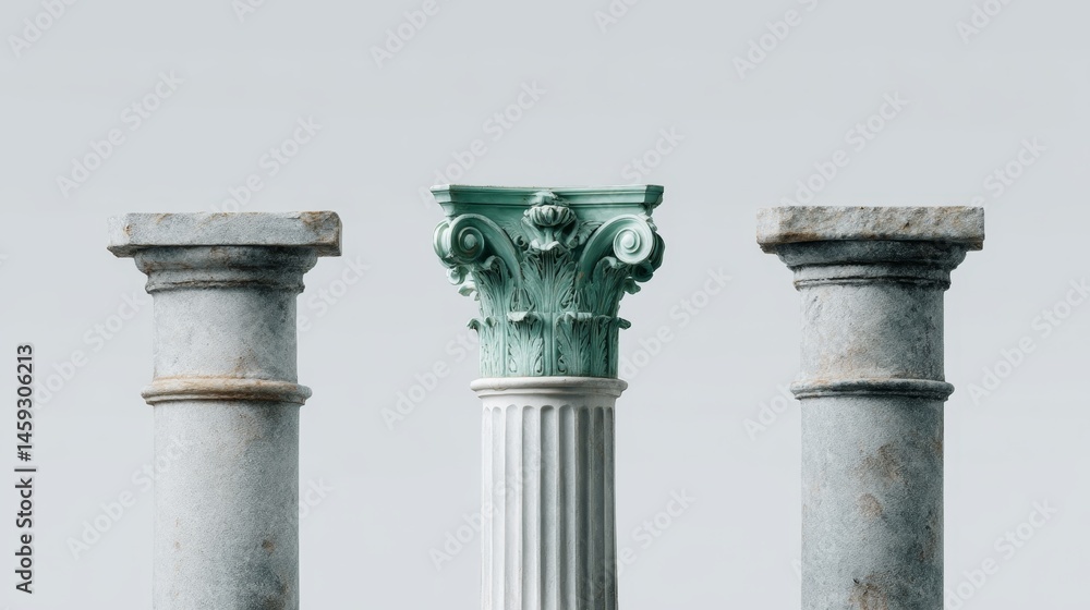 Leinwandbilder Three elegant stone columns stand proudly, featuring emerald-green capitals that add a touch of sophistication against a soft gray background, ideal for design projects