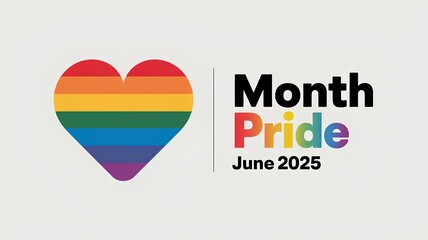Graphic design, banner with rainbow heart and text “Pride Month, June 2025” on white background. LGBT and gender diversity symbolism.
