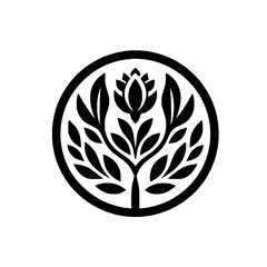Simple Black and White Floral Emblem in a Circle, Minimalist Design
