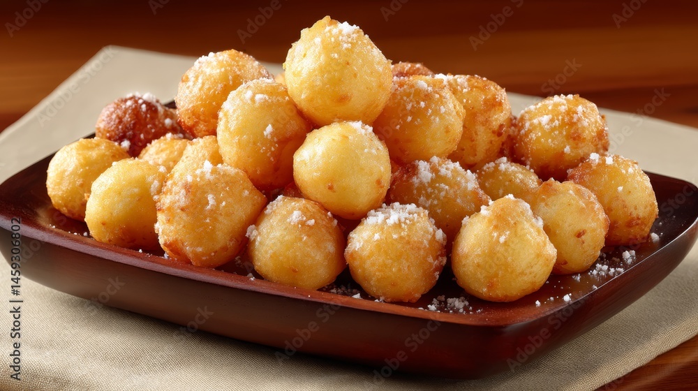 Poster golden fritters arranged invitingly on a rustic wooden tray, delicately dusted with powdered sugar, 