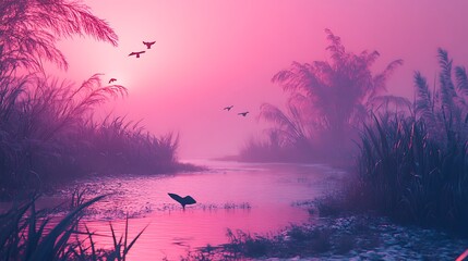 Obraz premium Tranquil water scene reflecting pink sky and plant silhouettes