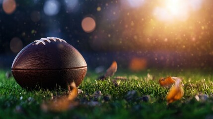 Evening sun beaming behind a football on grass, perfect sports scene with natural tones