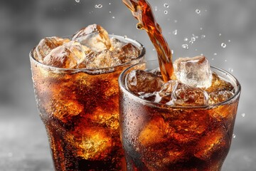 Two glasses of cola with ice cubes splashing on a bright background, perfect for beverage branding, summer ads, and refreshing drink campaigns