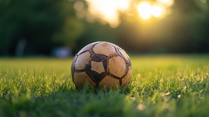 Fototapeta premium Evening sunlight reflecting on leather football placed on well-trimmed grass field