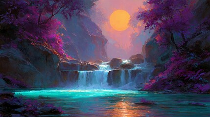 Fantasy landscape with waterfall turquoise water purple trees and a large sun.