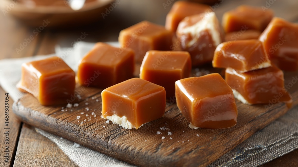 Poster Caramel-dipped toffee bites are artfully placed on a rustic wooden board under warm lighting, creating an inviting and delectable setting for culinary projects