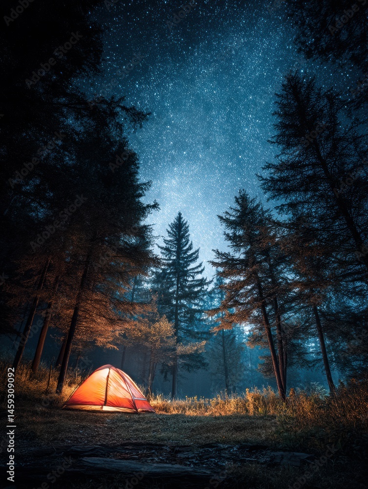 Poster glowing tent under the starry sky in a tranquil forest at night generative ai