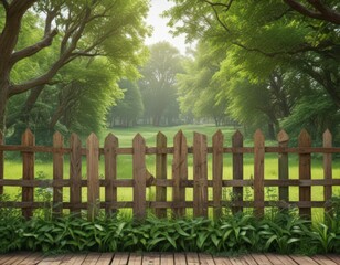 Naklejka premium Rustic wooden fence with poster, lush green park background, mockup, rural, environment