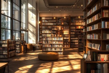 Obraz premium Sunlit Bookstore Interior with Wooden Bookshelves and Natural Light