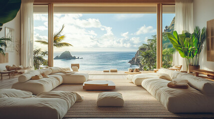 Obraz premium Coastal living room flooded with sunlight oversized windows framing ocean view natural textures floating furniture