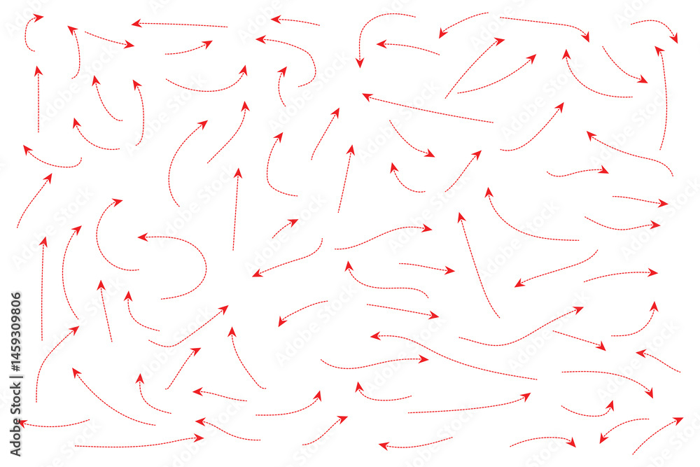 Poster set of hand drawn vector red arrows doodle on white background. hand drawn straight and curved red d