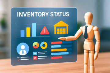 Inventory status screen shows business concepts with data analysis, warehouse icon, and wooden mannequin pointing at digital dashboard