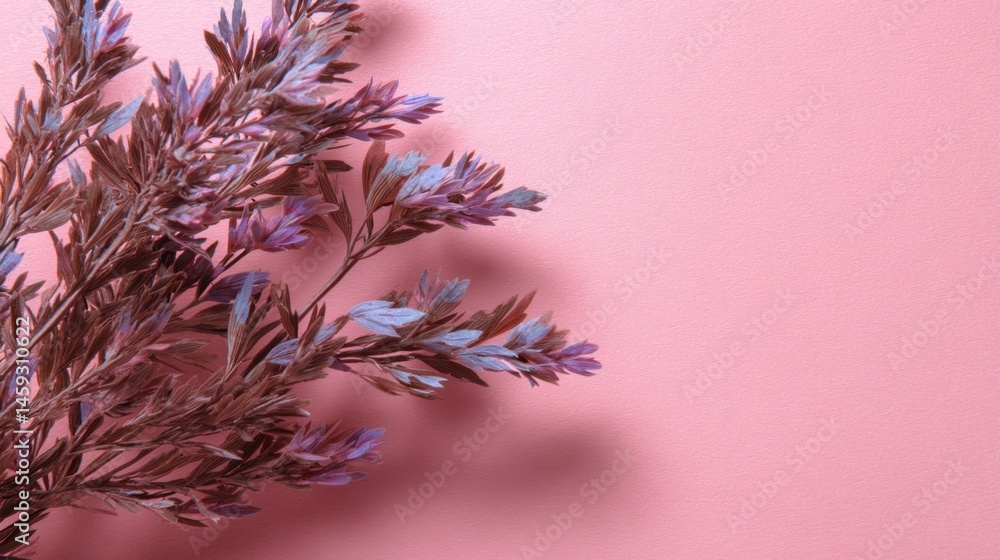 Poster a composition featuring delicate lavender sprigs set against a soft pink background creates a calmin