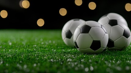 Fototapeta premium High-resolution photo of sports balls on turf with black background, ideal for sports advertisement