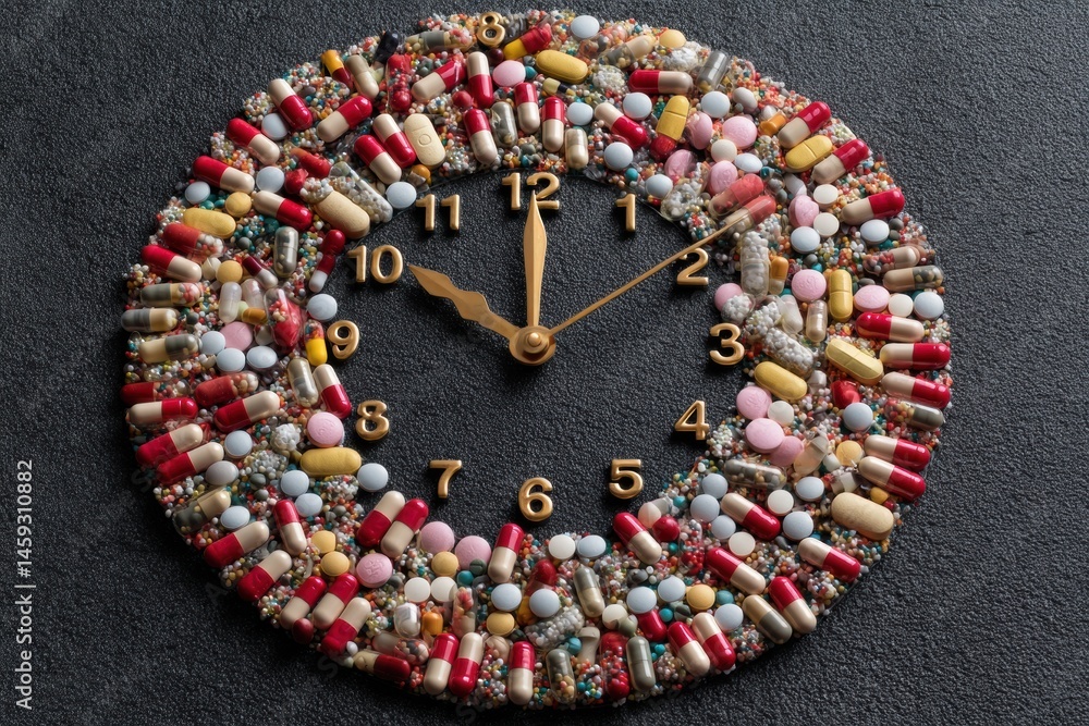 Poster healing time represented by clock made from colorful pills and vitamins arranged in a circular patte
