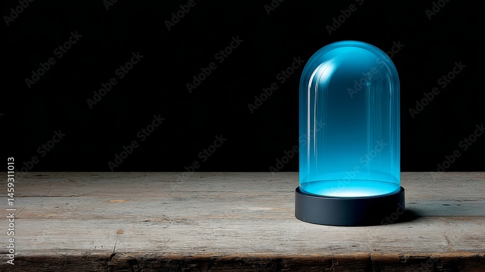 Fototapete A glowing sapphire dome light sits on a rustic wooden table, casting a soft light in a dark setting, creating a warm and inviting atmosphere with ambient glow