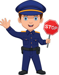 Boy in a police costume and holding a stop sign
