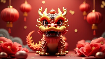 Golden dragon statue with red accents on purple background