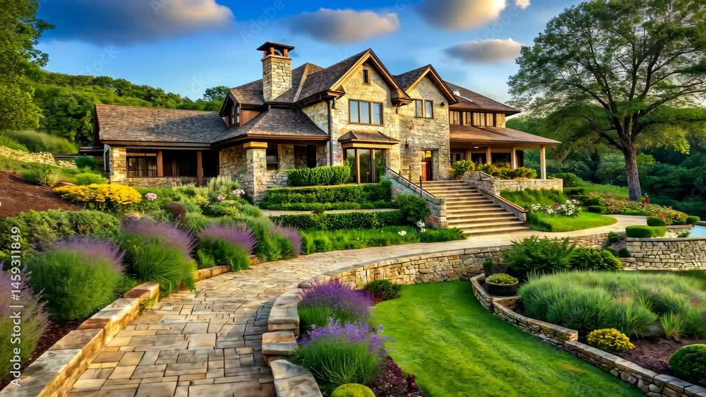 Aufkleber luxury home with stone pathway and lush landscaping in a serene setting
