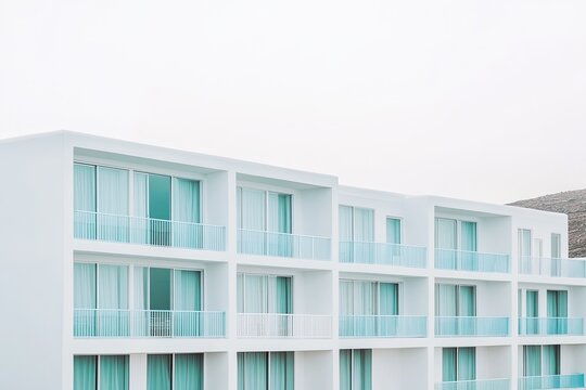 Modern apartment building facade with light blue accents